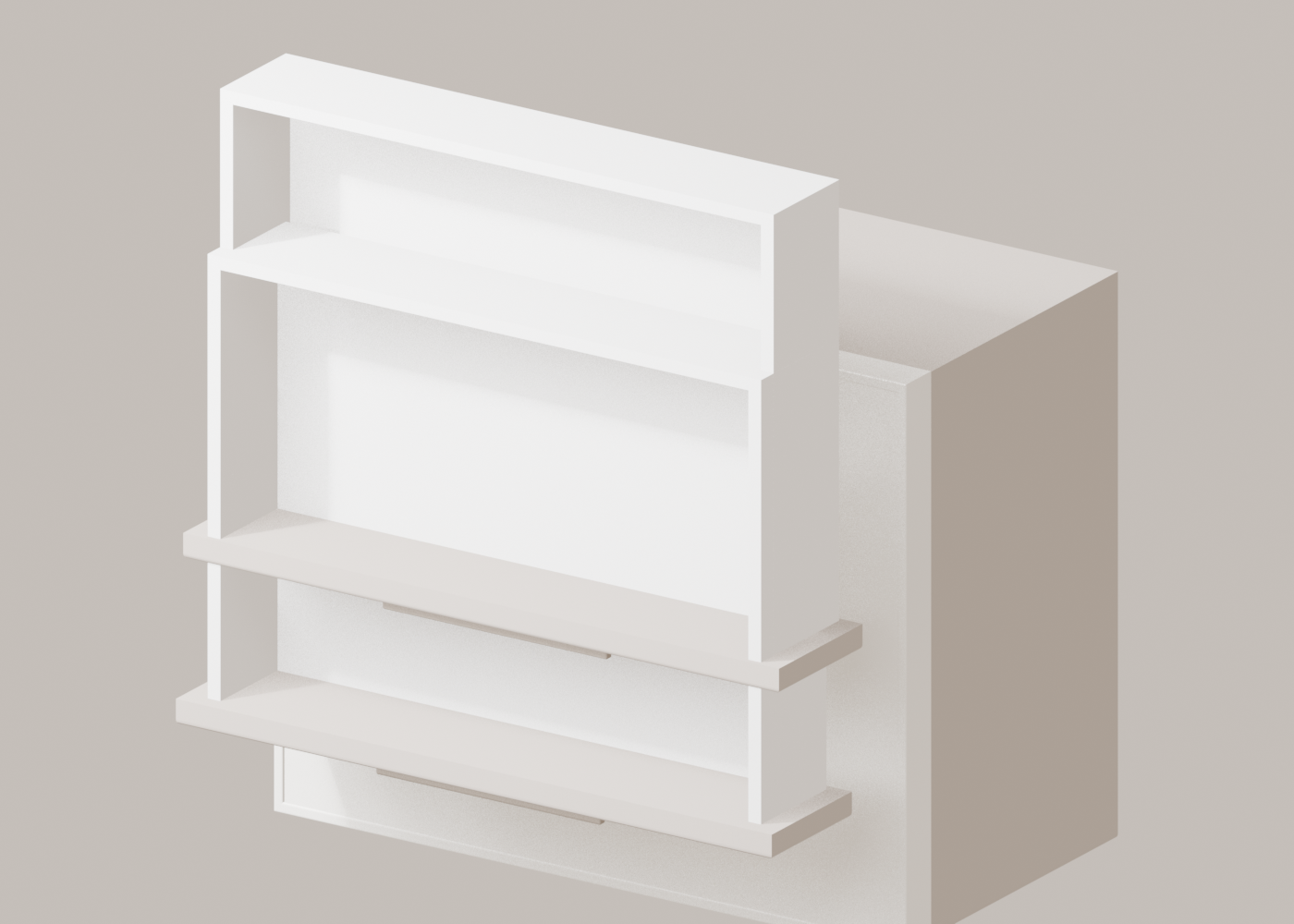 Close-up of the articulated cabinet links from the corrected SceneSmith blend